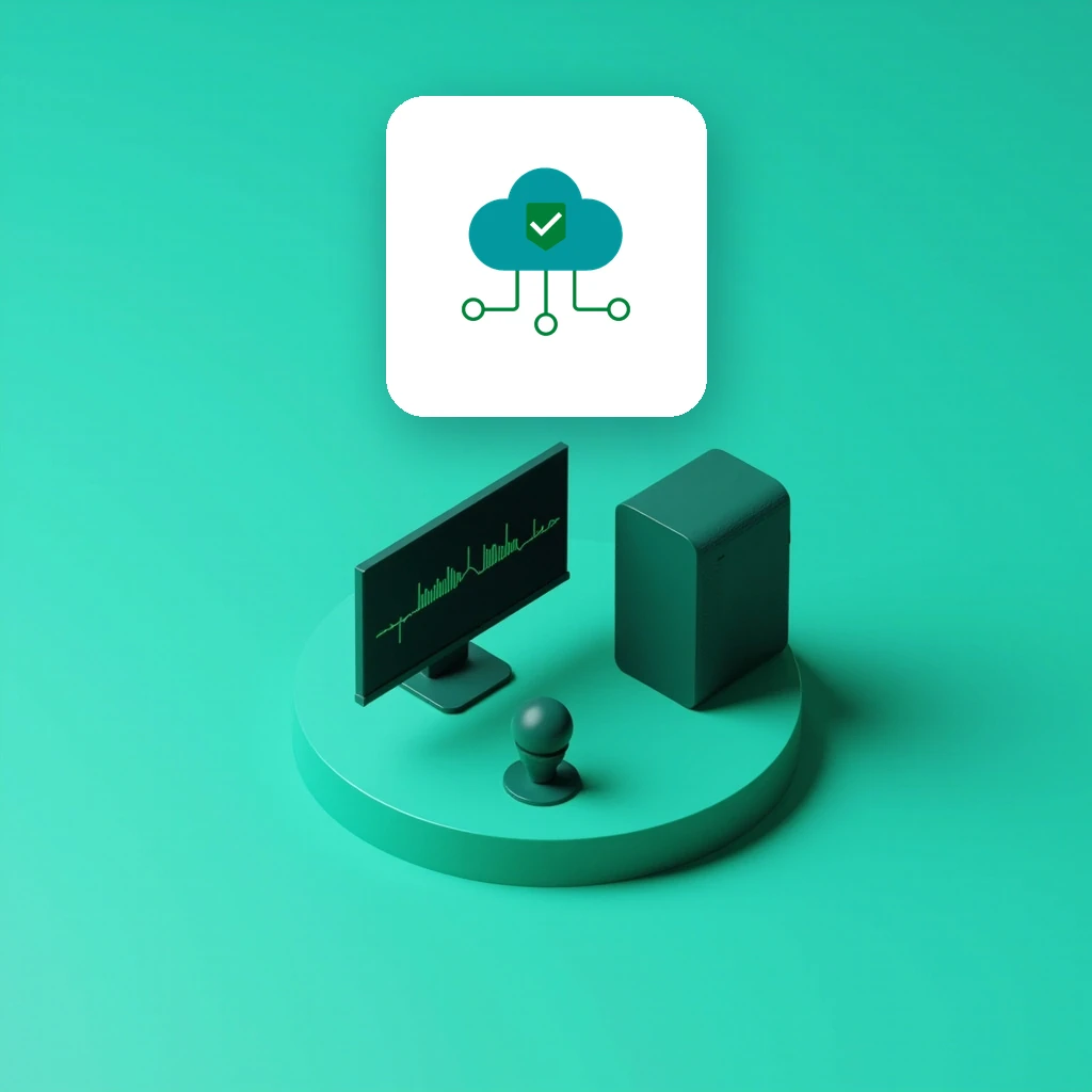 Ilustracion isometrica de un estudio de medios con microfono, monitor y servidor, con el logo de MediaClouding SAS